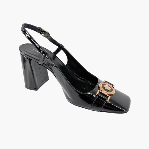 Versace Medusa Slingback Pumps Size 37 US 7 Black Patent Leather Block Heel - Picture 11 of 14